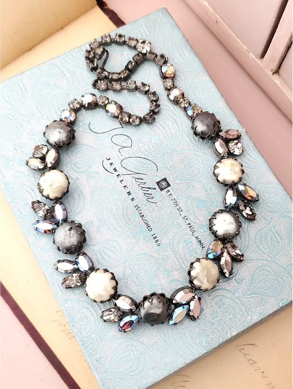 Vintage Regency Designer White & Gray Faux Pearl AB Rhinestone Choker Necklace